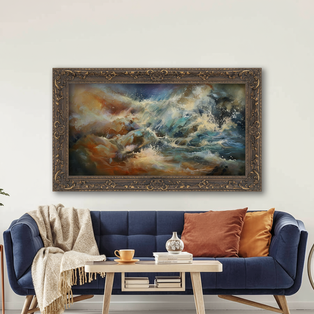 View of living room with blue sofa, wooden table, framed painting