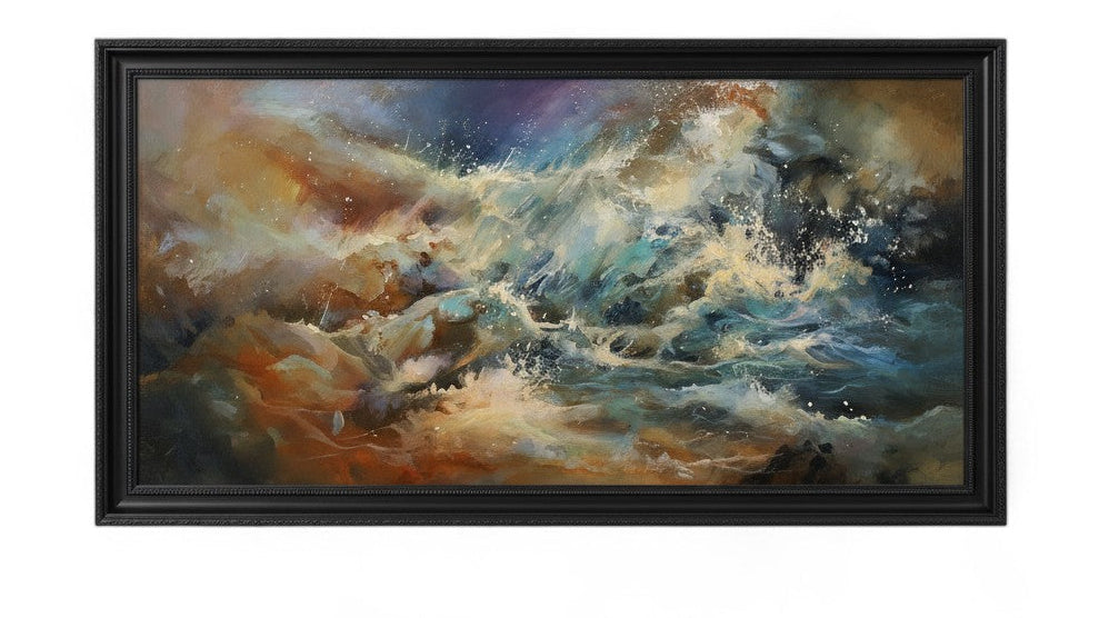 View of abstract ocean storm painting in black frame, seascape wall art, stormy sea oil painting, framed artwork, dramatic ocean waves decor