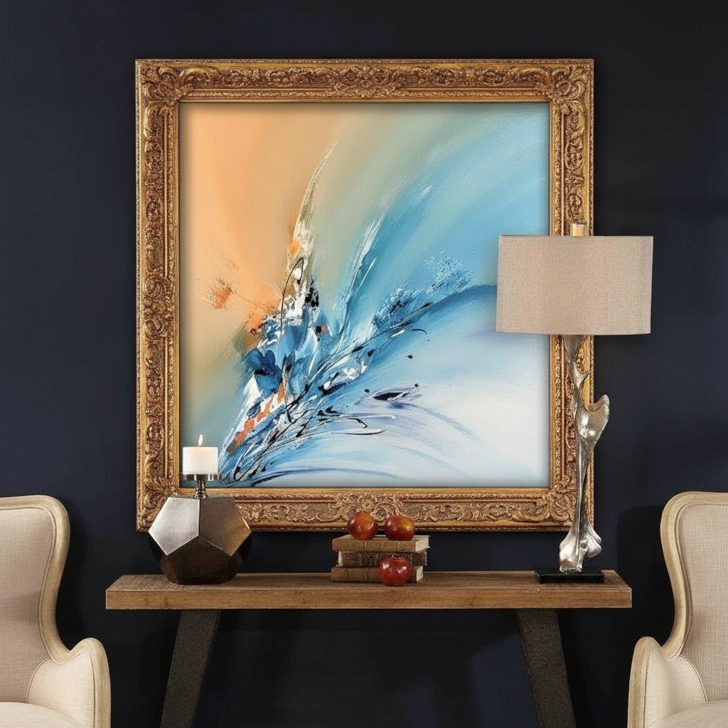 View of abstract painting in gold frame above wood console table with decor and chairs.