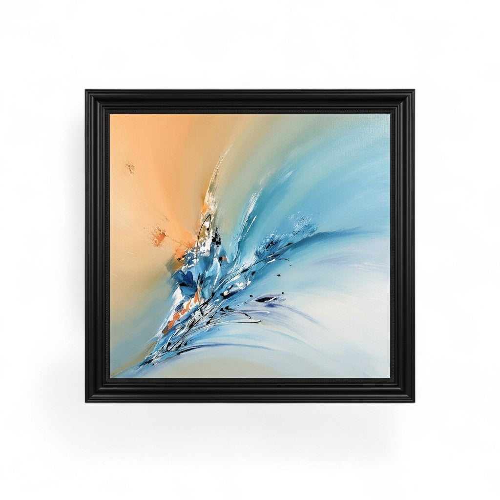 Abstract painting in black frame with orange and blue colors