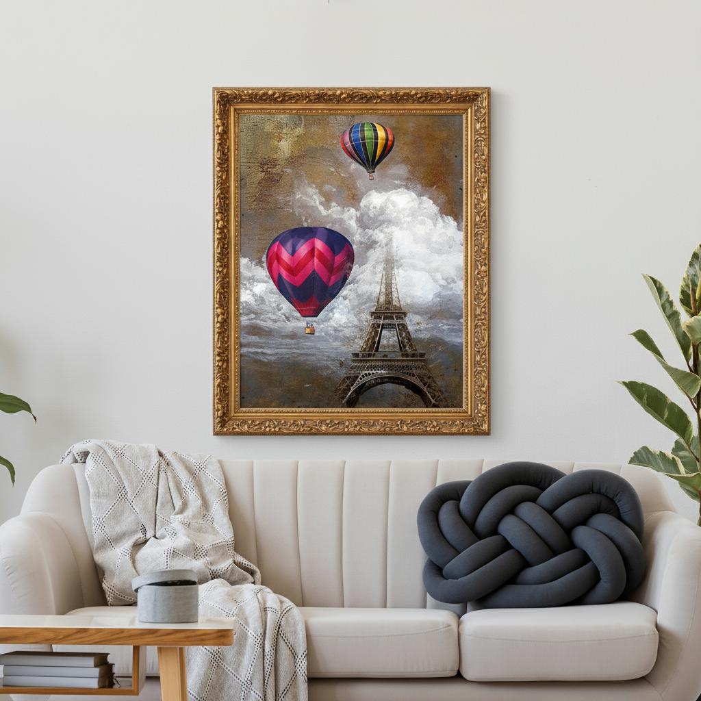 View of living room with beige sofa, knot pillow, and Eiffel Tower artwork.
