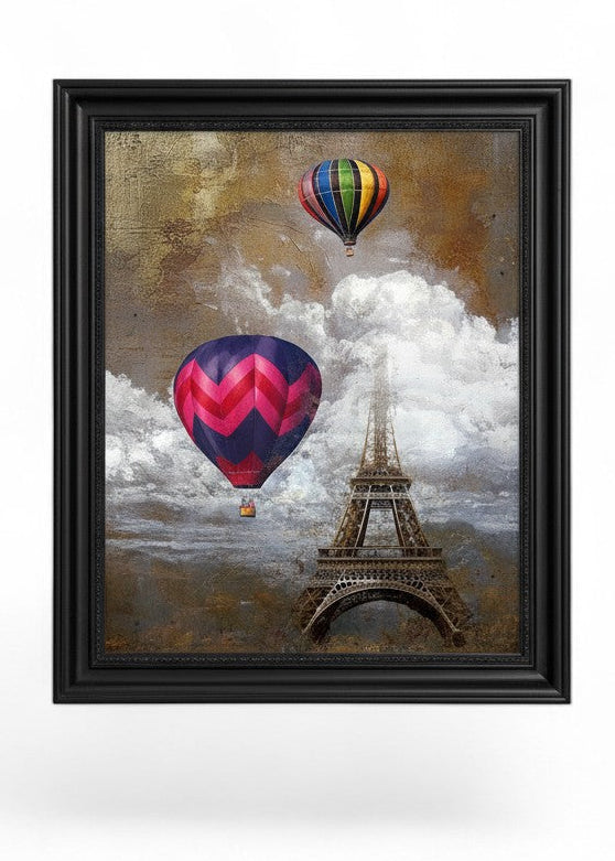 Black framed wall art depicting Eiffel Tower and hot air balloons