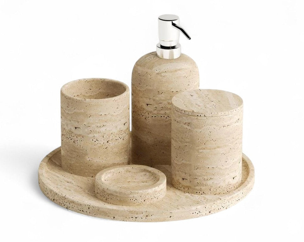 Bathroom accessory set with tray, soap dispenser, and containers