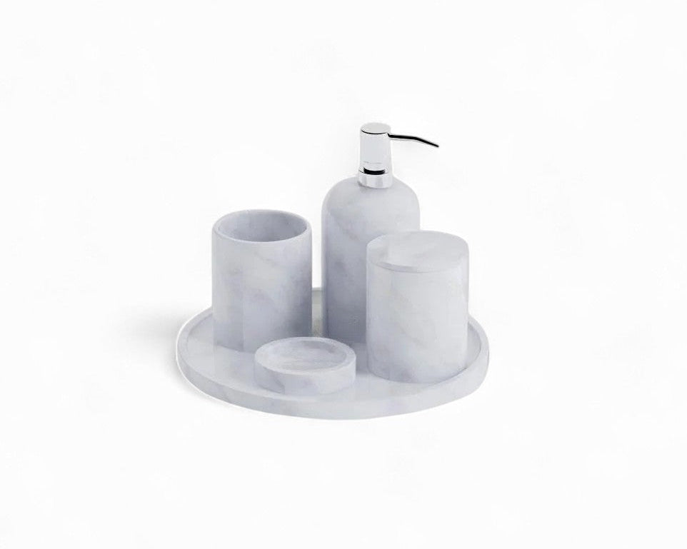 White marble bathroom accessory set with tray and soap dispenser