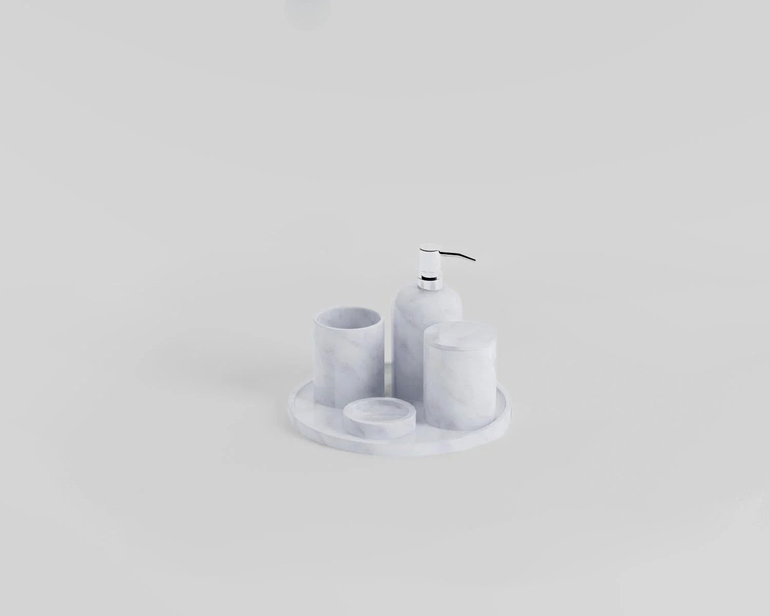 White marble bathroom accessories set with tray and soap dispenser
