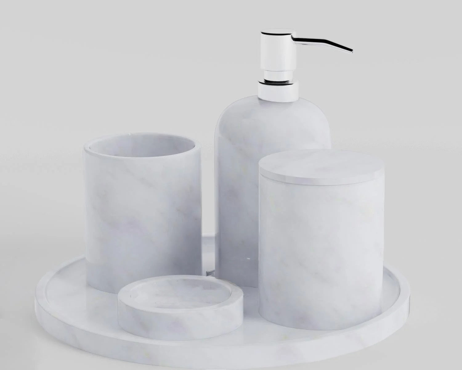 White marble bathroom accessories set with tray and soap dispenser
