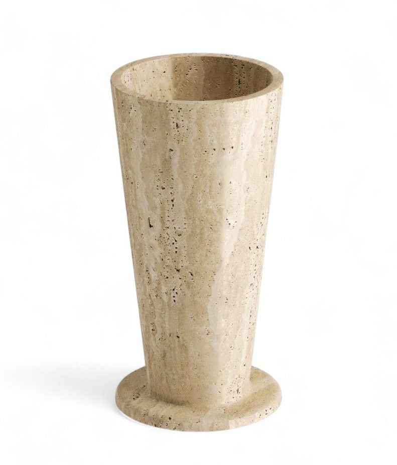 Travertine vase with tapered shape and round base decor