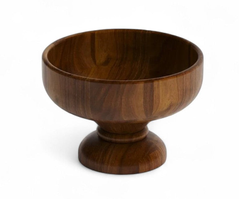 wooden pedestal bowl decor on white background studio shot