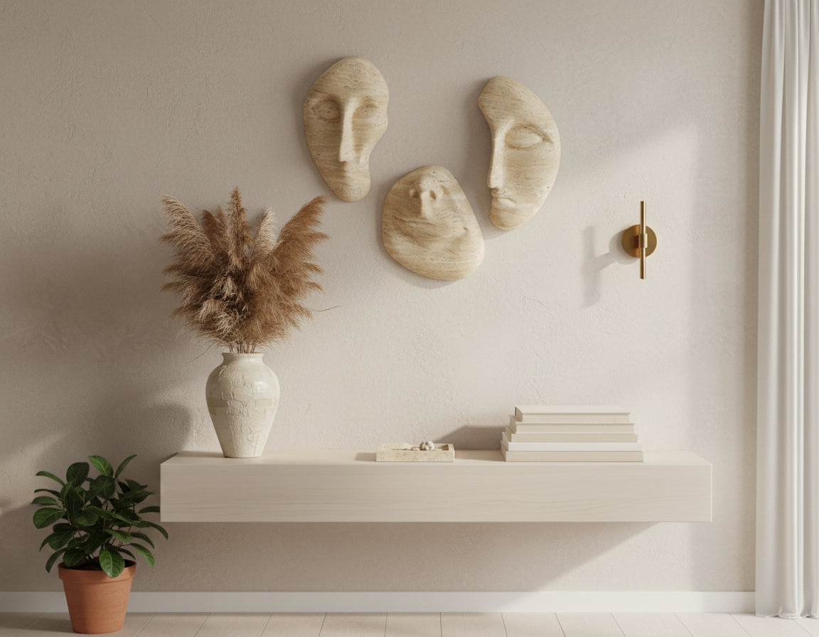 Three travertine stone face sculptures floating against white background