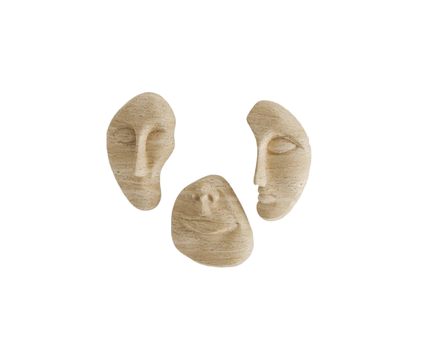 Three beige stone face sculptures floating on white background