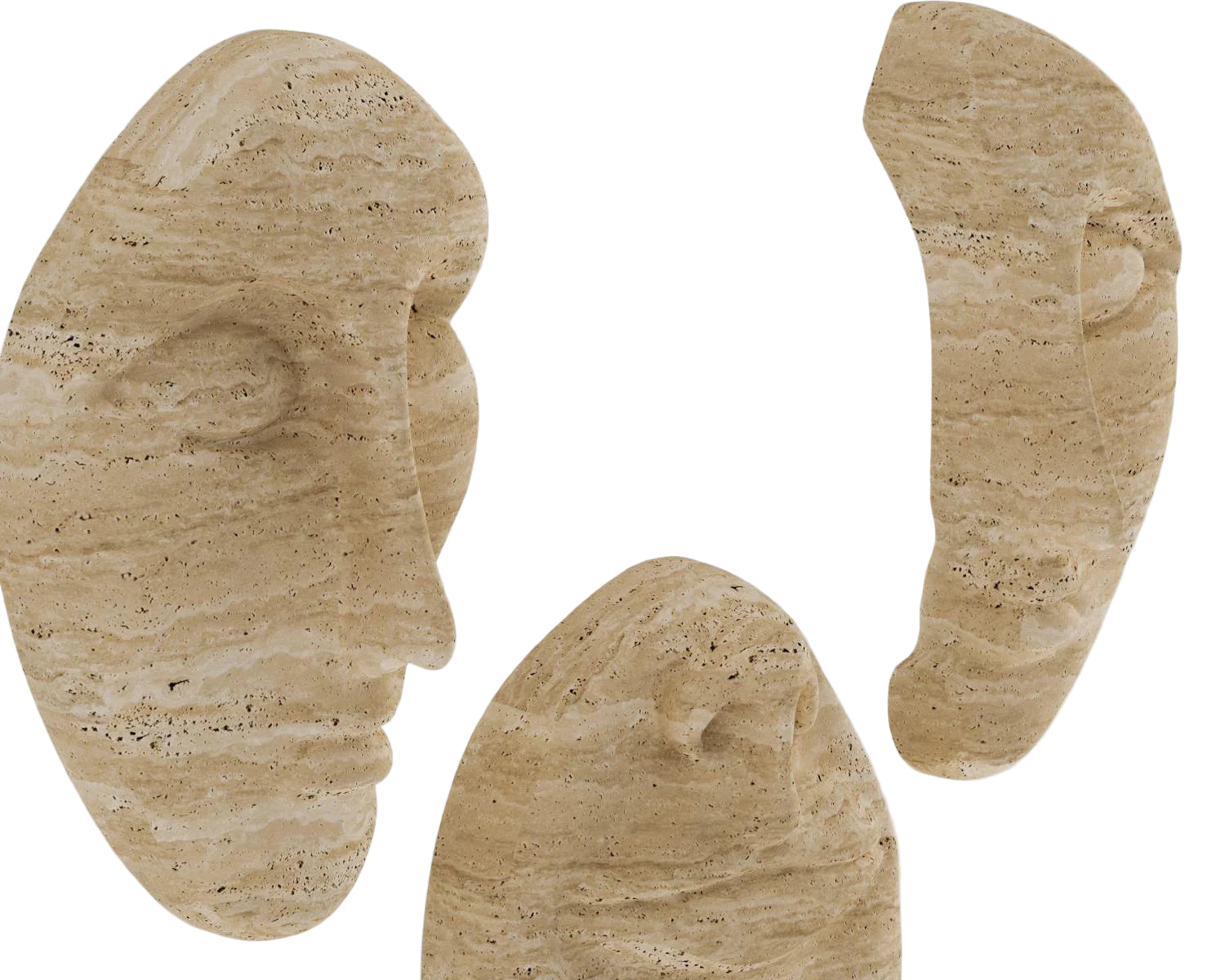 Travertine stone abstract face sculpture decor on white background