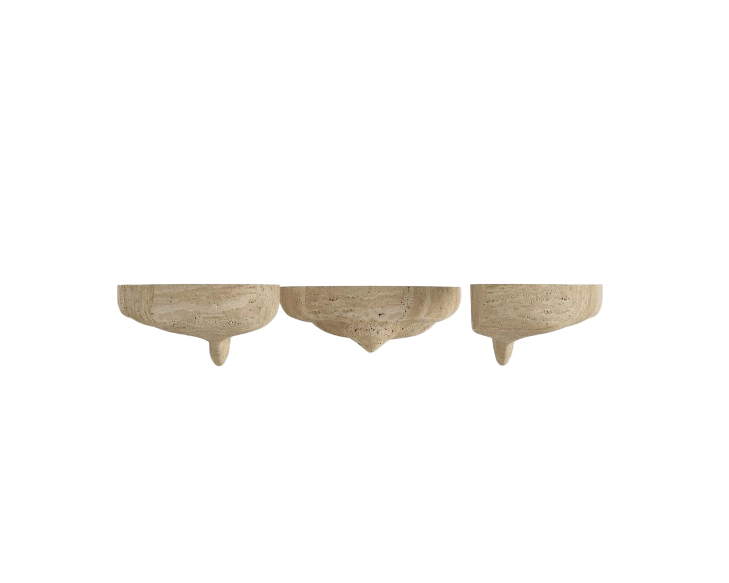 Three beige travertine stone wall shelves with rounded bottoms