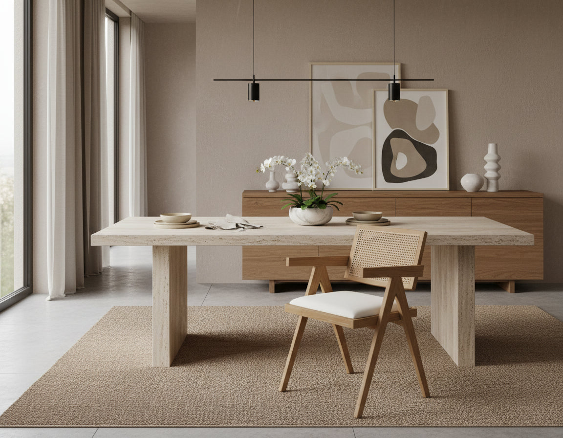Wooden dining chair with cane back and white cushion on white background