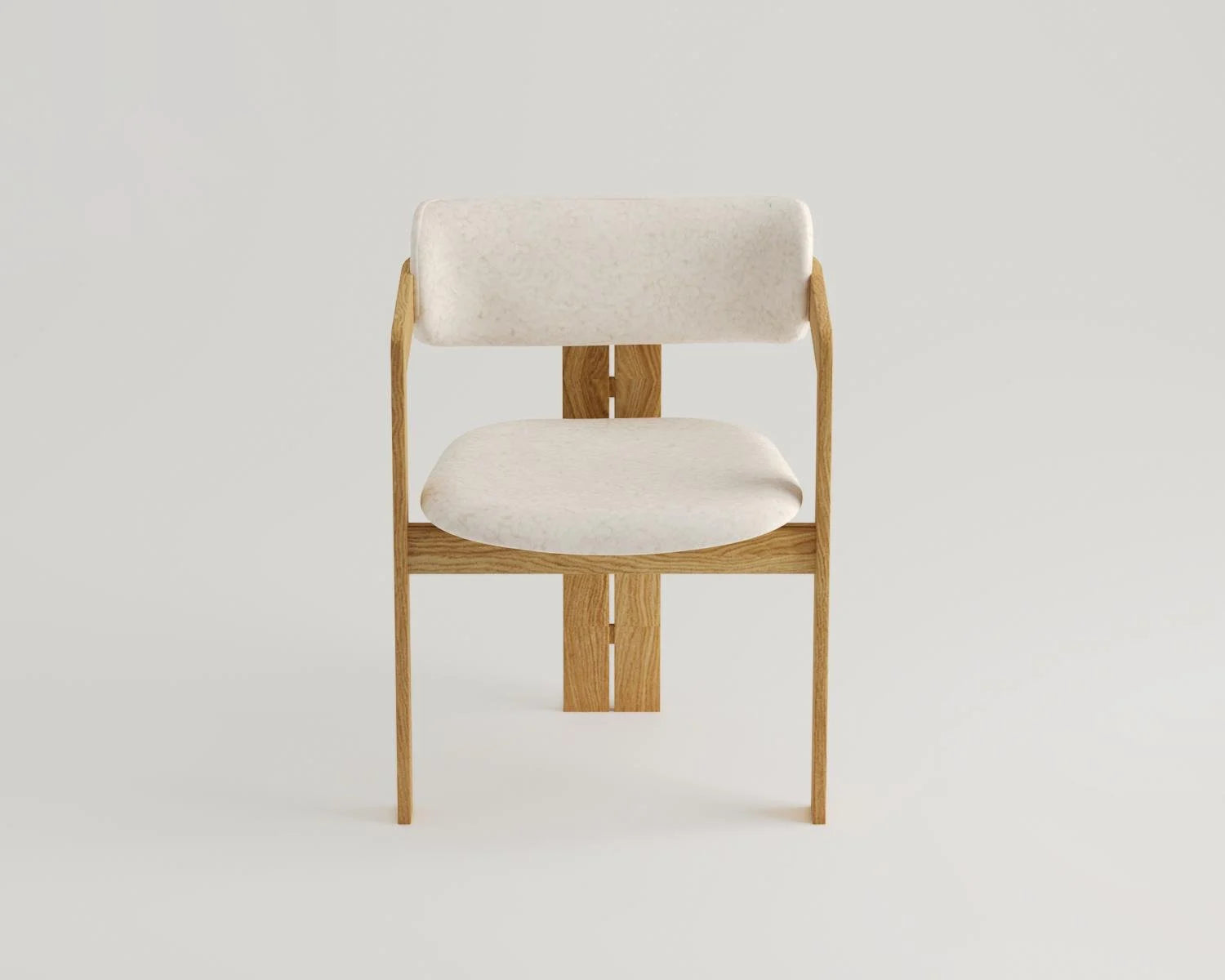 Front view wooden chair with white upholstered seat and backrest.