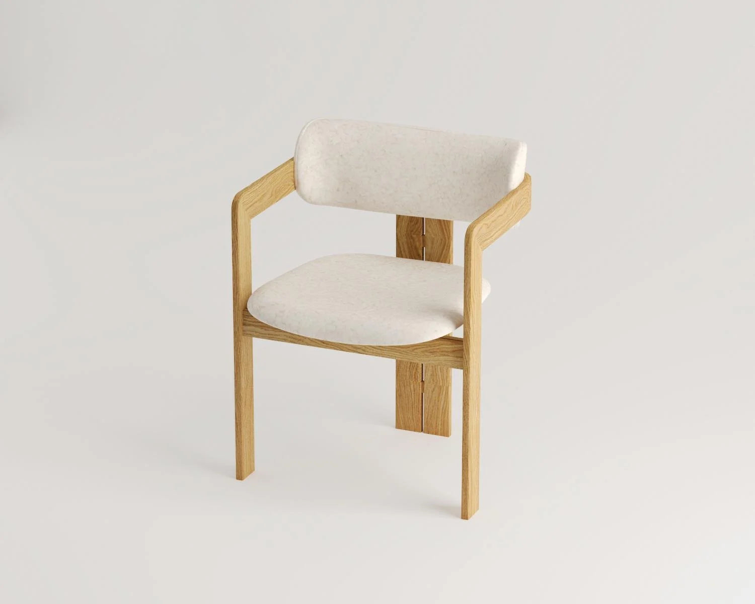 Wooden armchair with light upholstered seat and backrest on white background