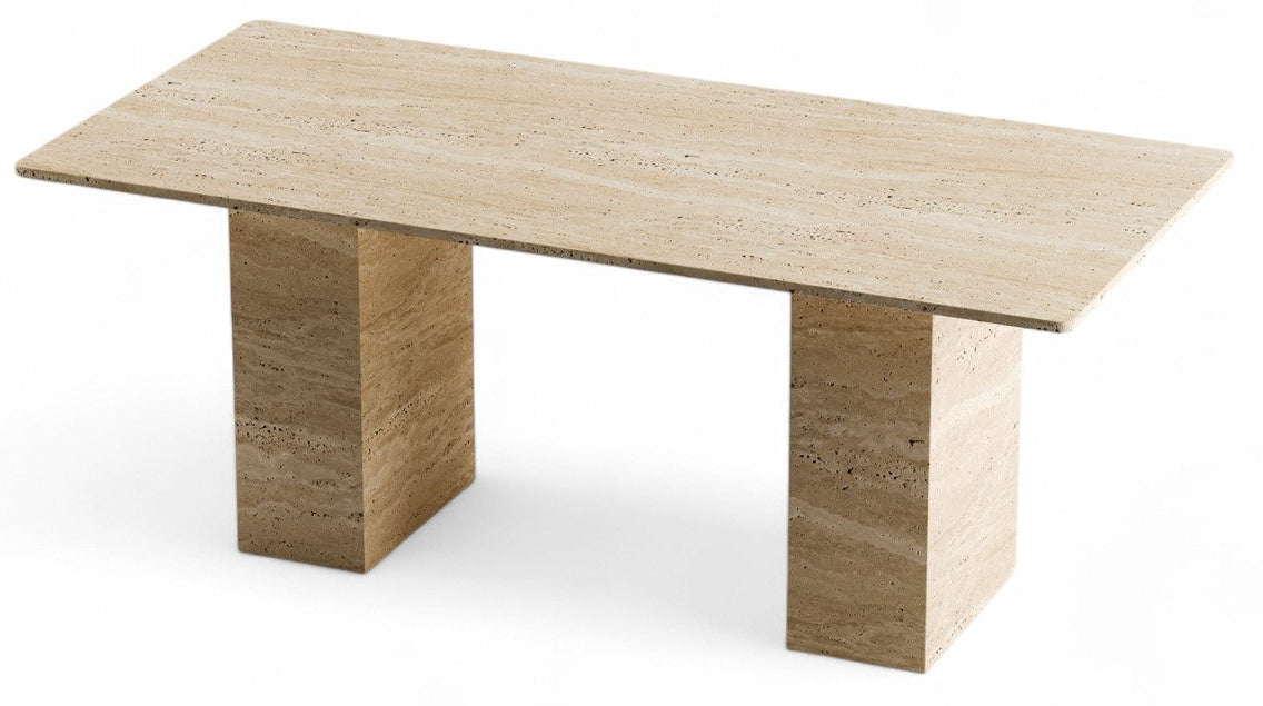 Travertine rectangular table with two block legs on white background