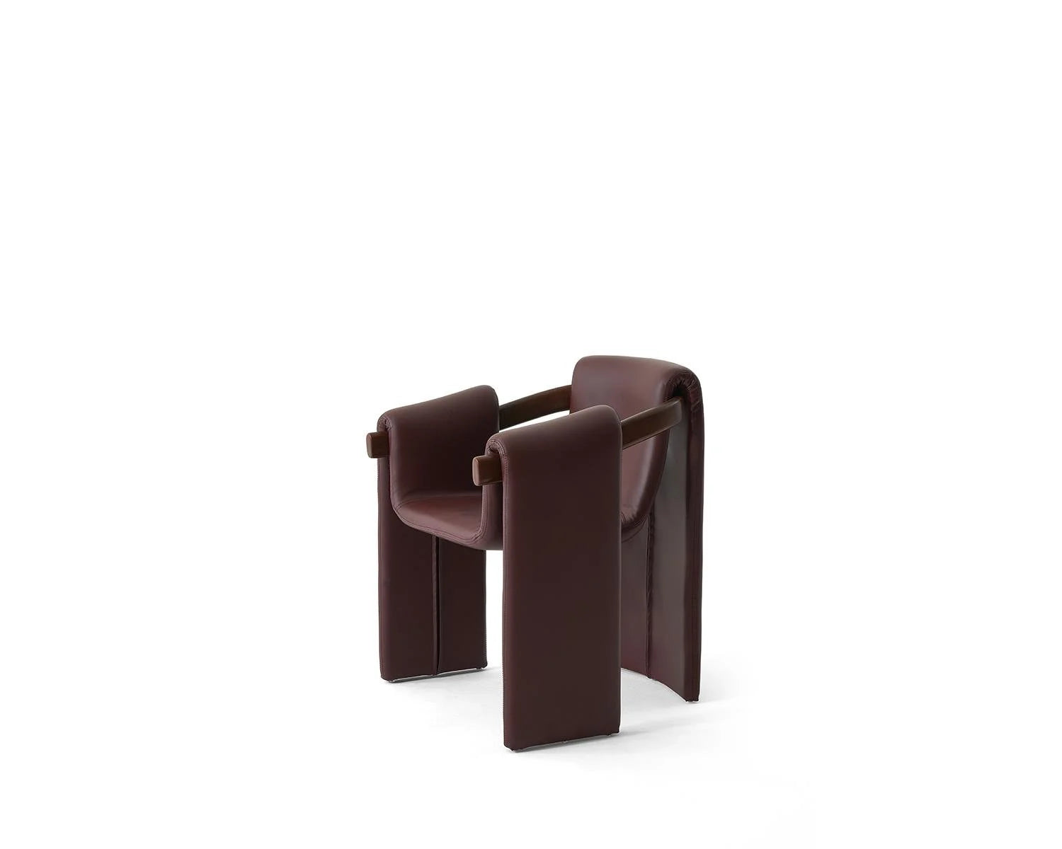 Studio shot of brown leather armchair with wooden armrests on white background. Modern leather chair, wood detail furniture, interior design seating.