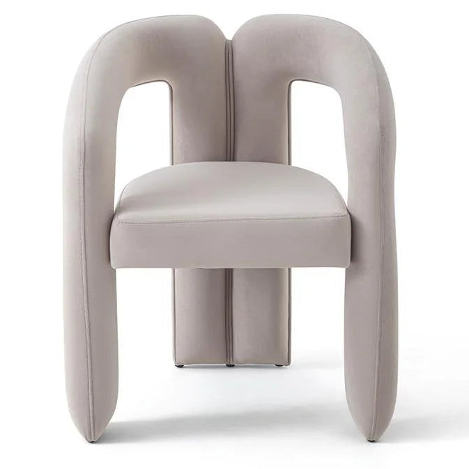 Front view of a light gray upholstered dining chair with curved arms and back.