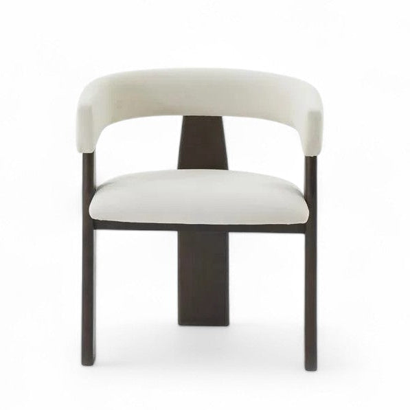 White upholstered dining chair with dark wood frame