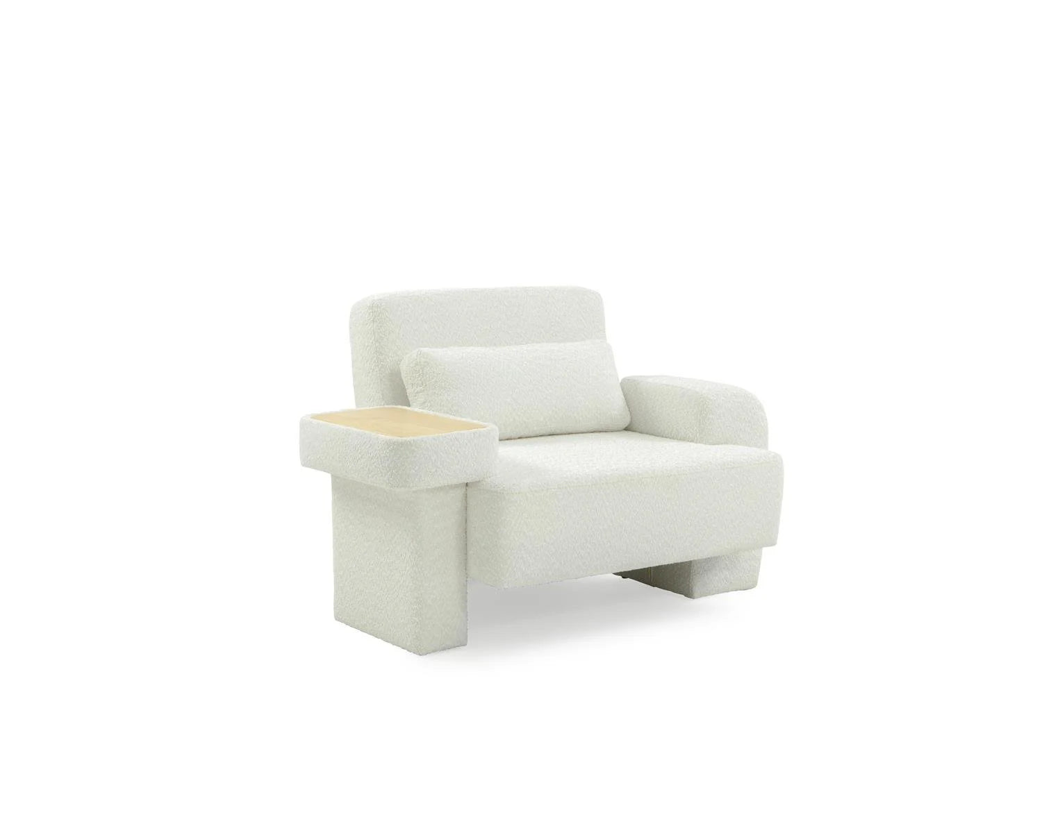 White upholstered armchair with wood armrest table and pillow