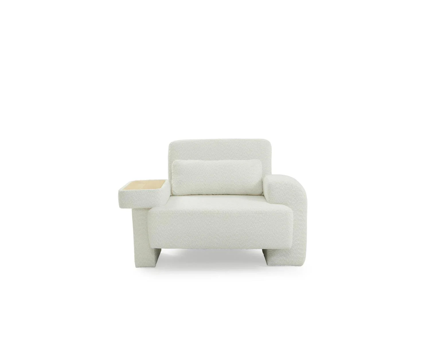 White boucle armchair with wood side table armrest