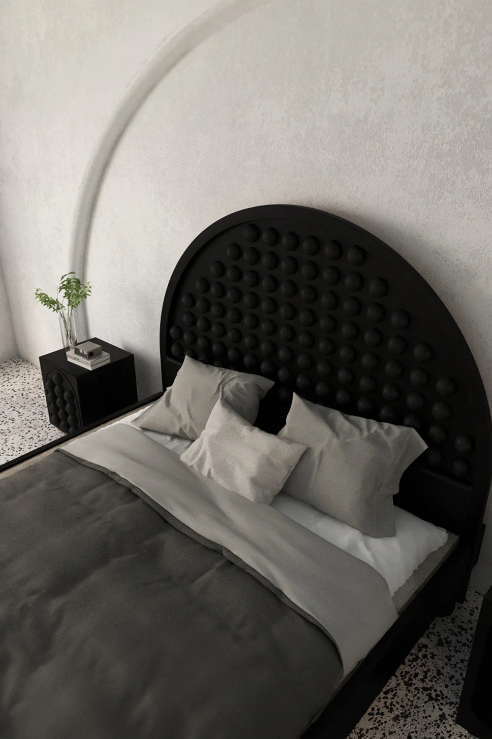 bedroom view black bed headboard nightstand bedding pillows