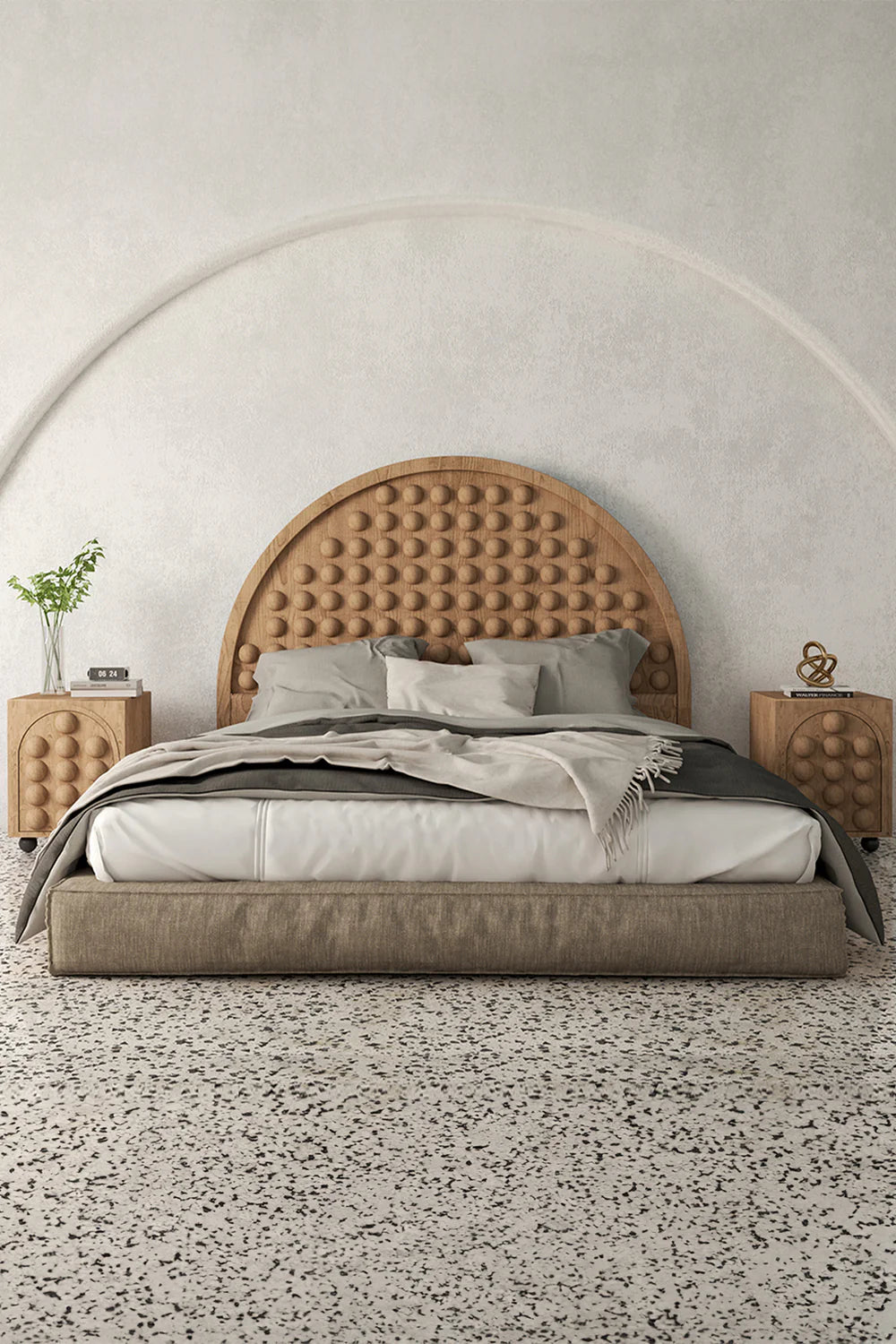Bedroom scene with wood bobble headboard bed and nightstands on terrazzo floor