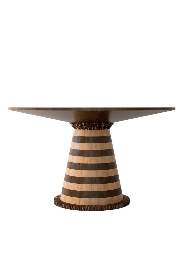 Dining table with striped wood conical base and dark top