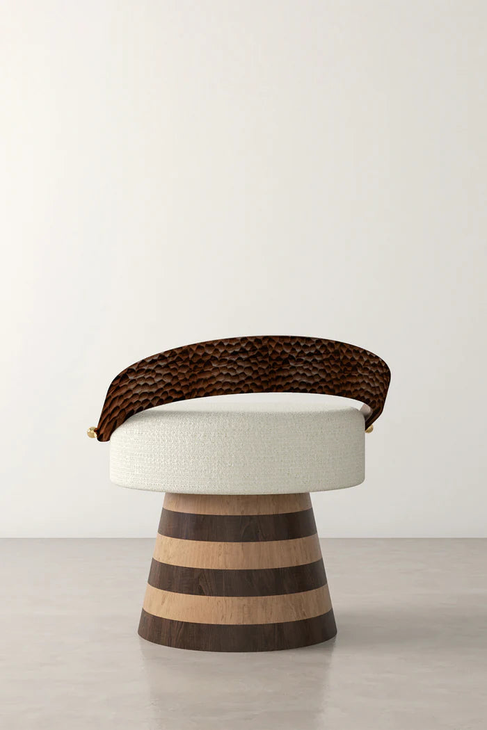 White upholstered stool with striped wood base and textured backrest
