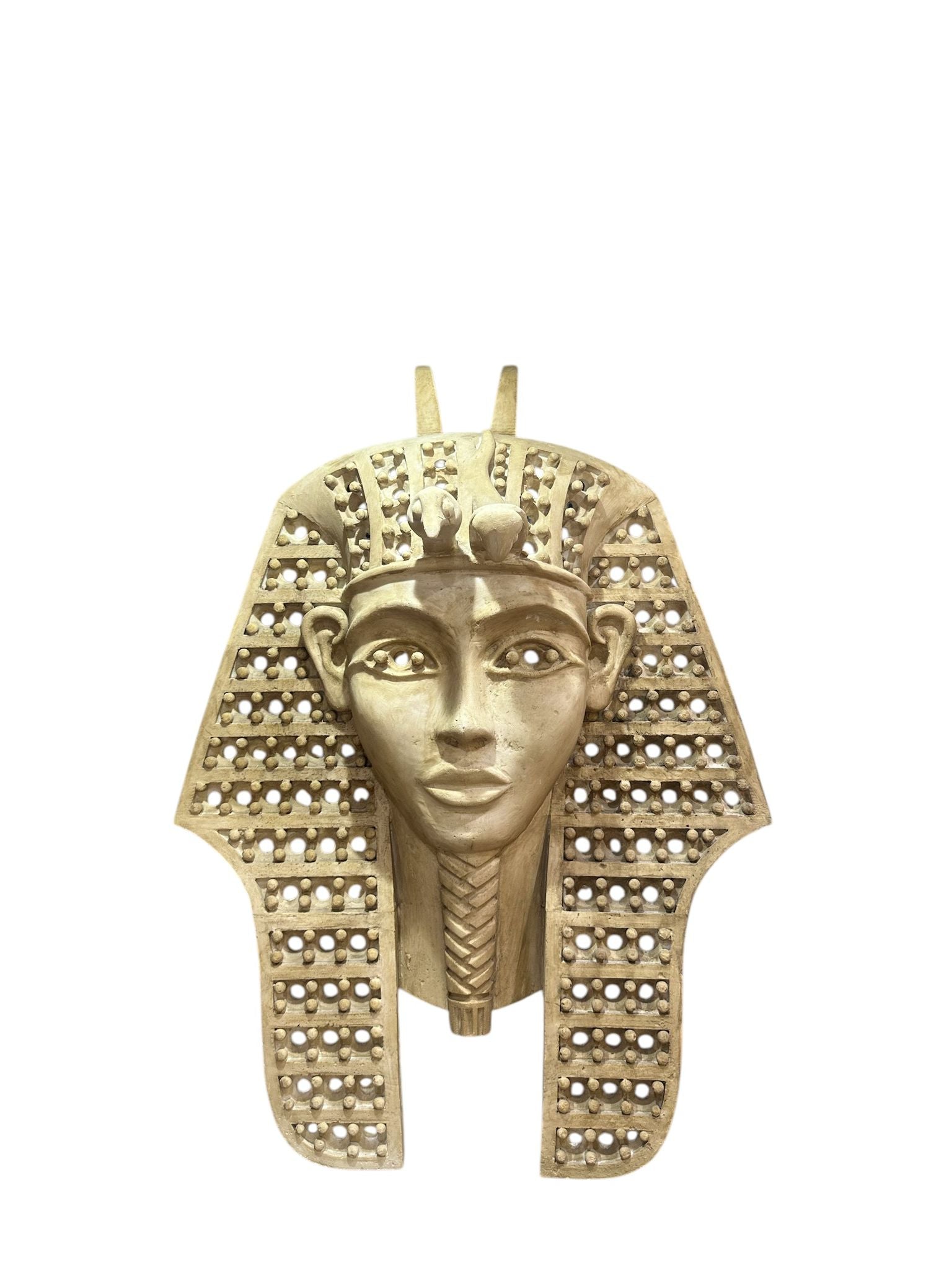 Egyptian pharaoh mask sculpture with perforated headdress decor
