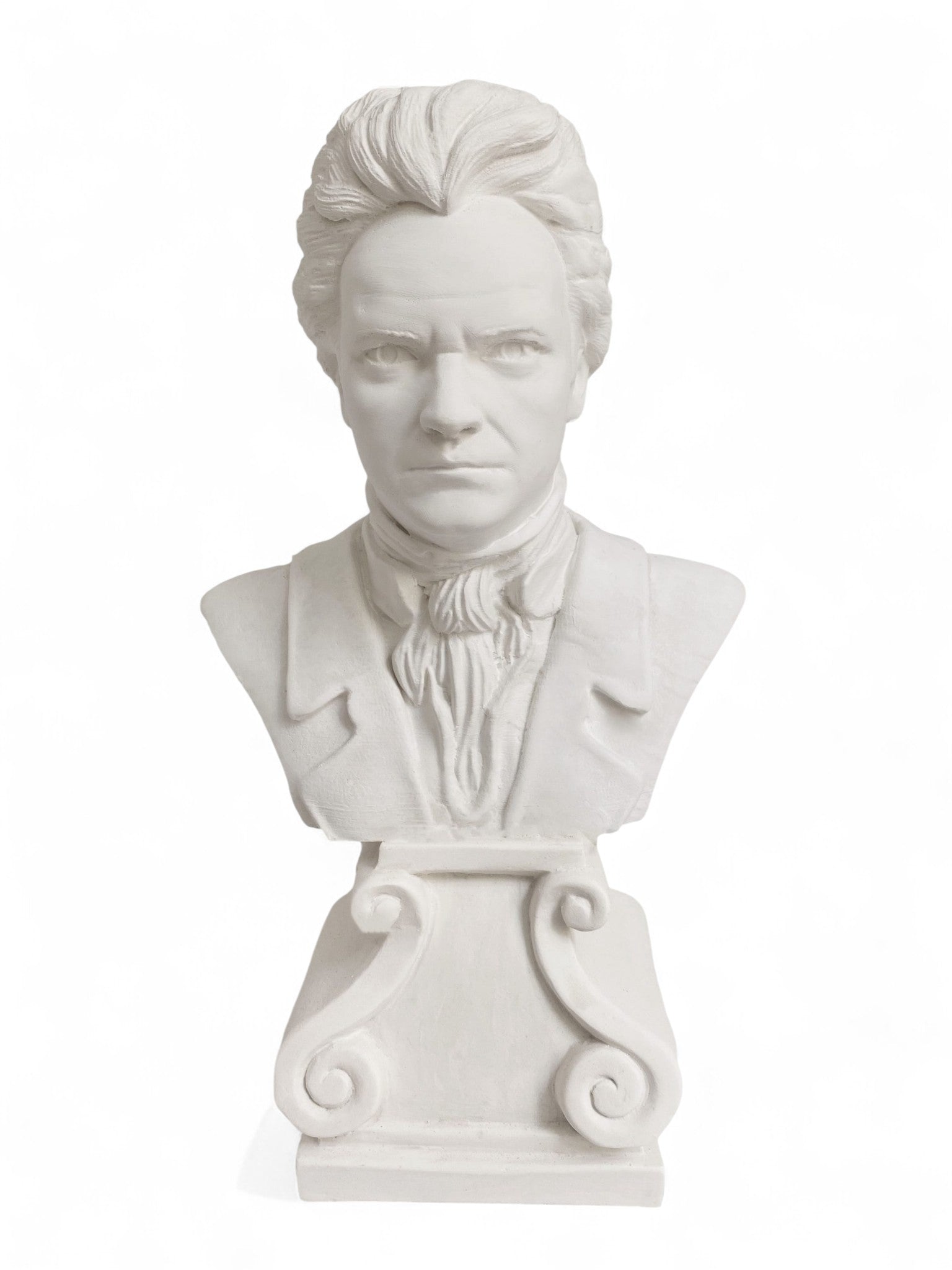 White bust sculpture of man in period clothing on pedestal