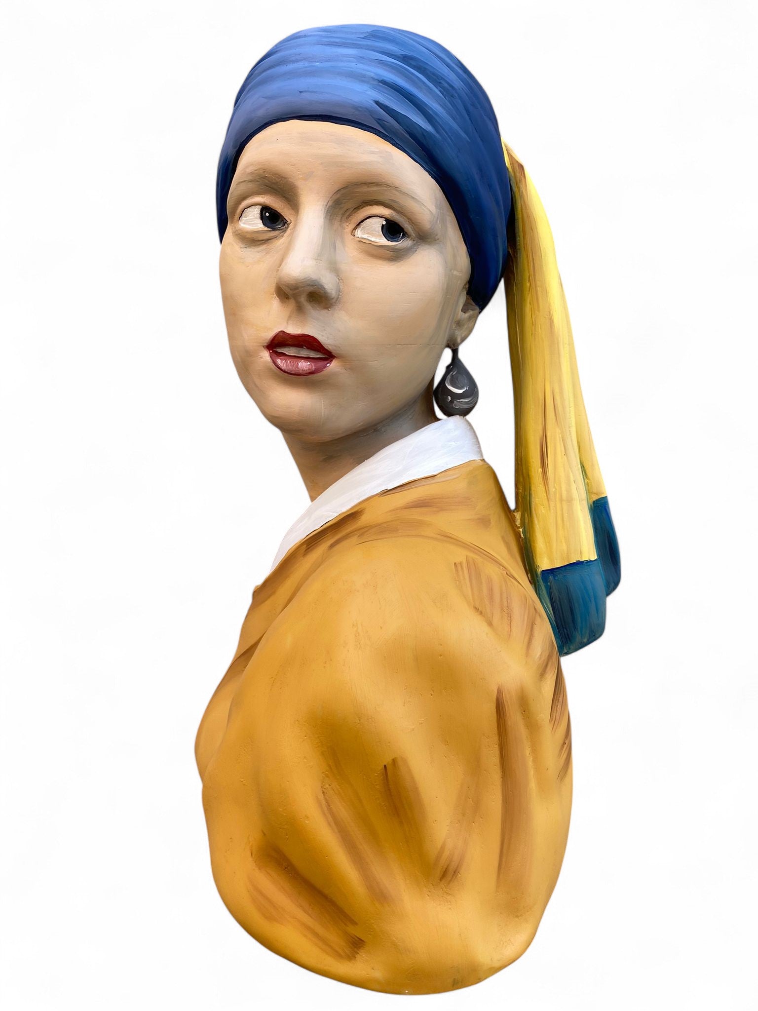 Girl with a Pearl Earring sculpture bust furniture accessory on white background.