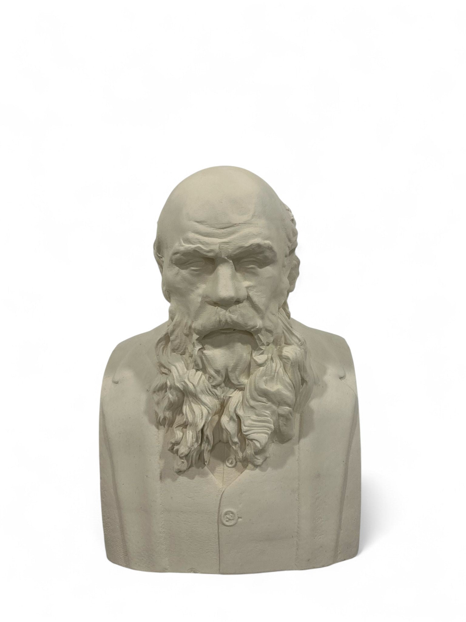 View of white bust sculpture of man with beard and vest, home decor, white background.