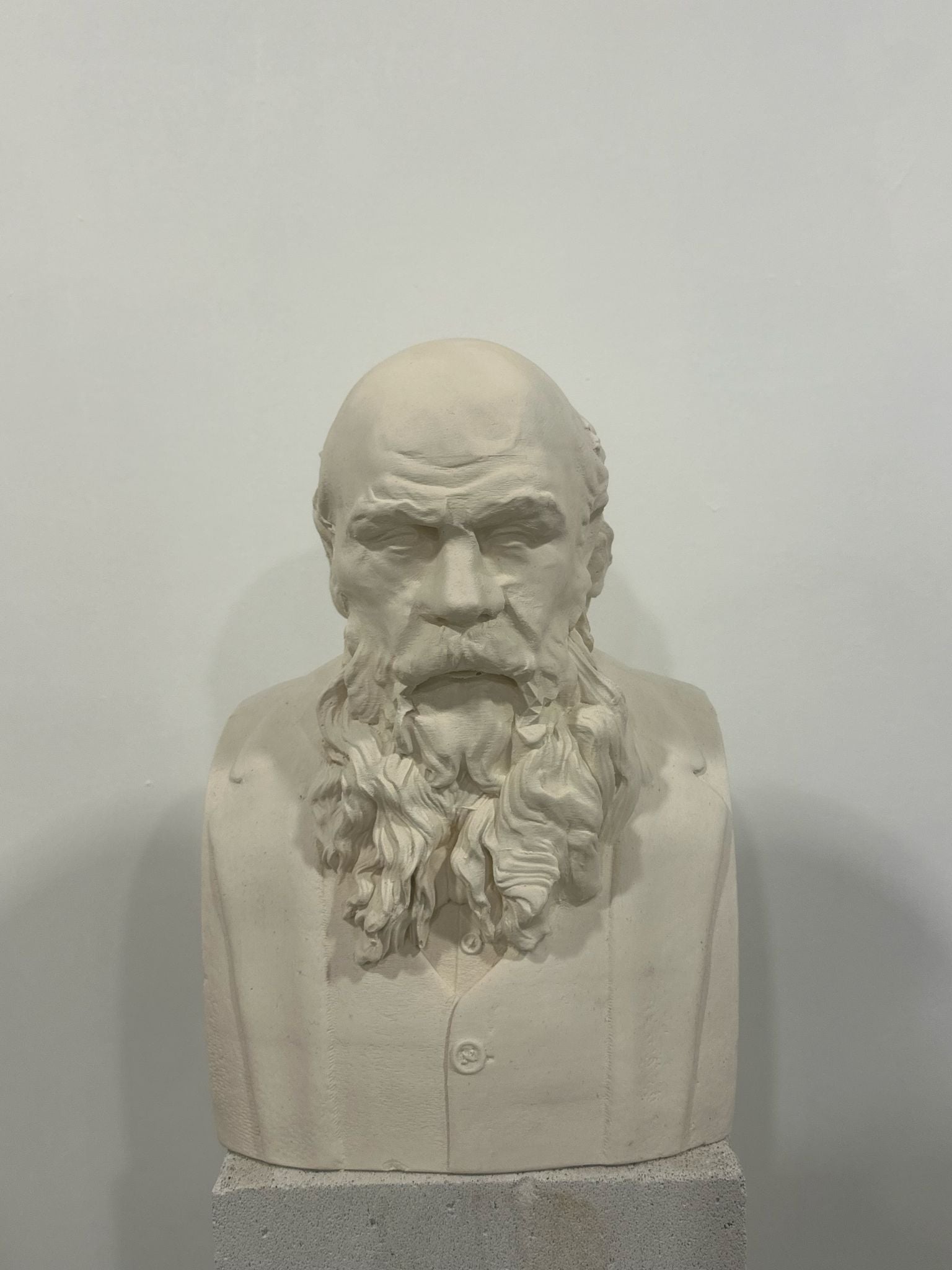 White plaster bust sculpture of a bearded man on a stone pedestal.
