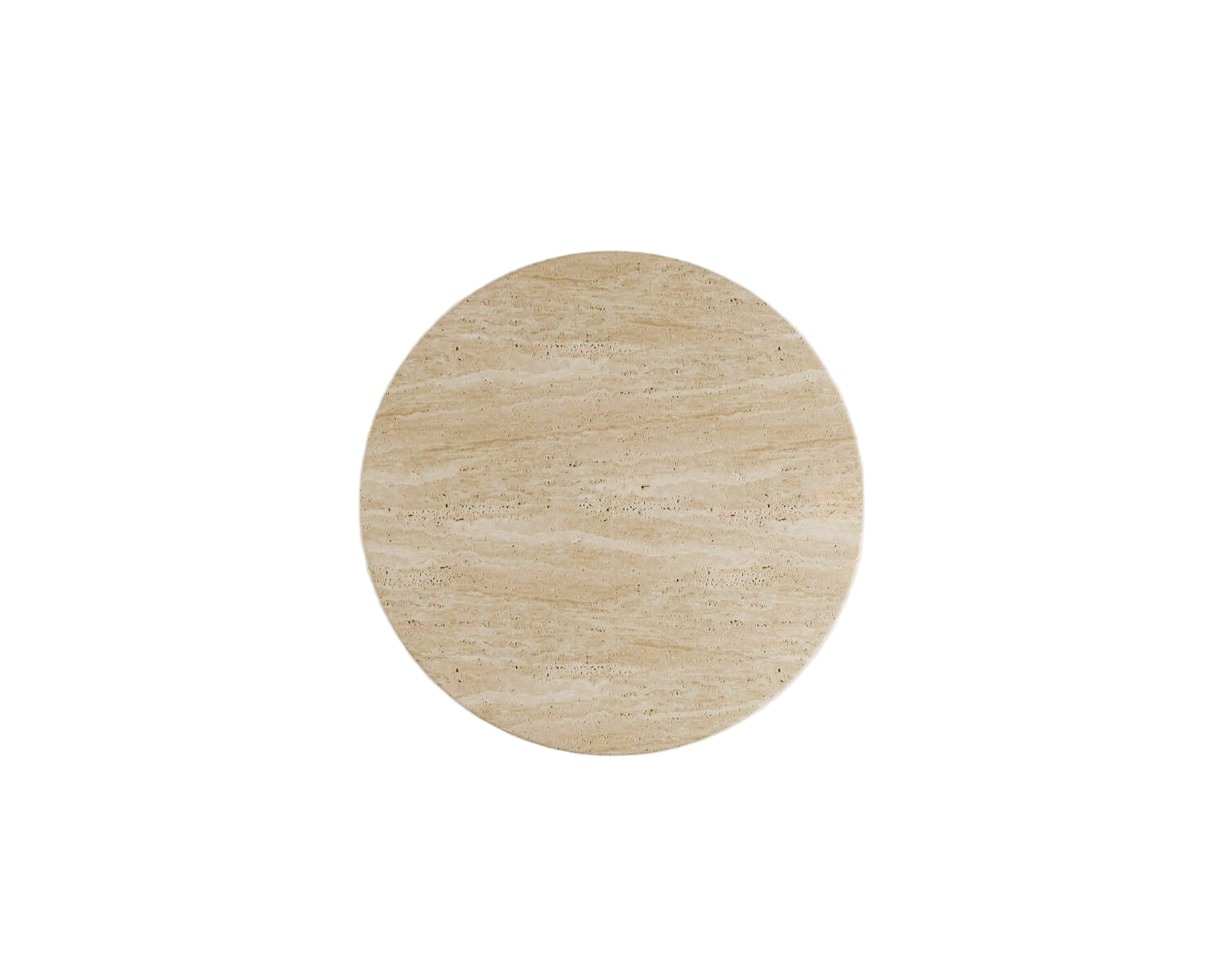Top-down view of round travertine tabletop showing natural stone veining.
