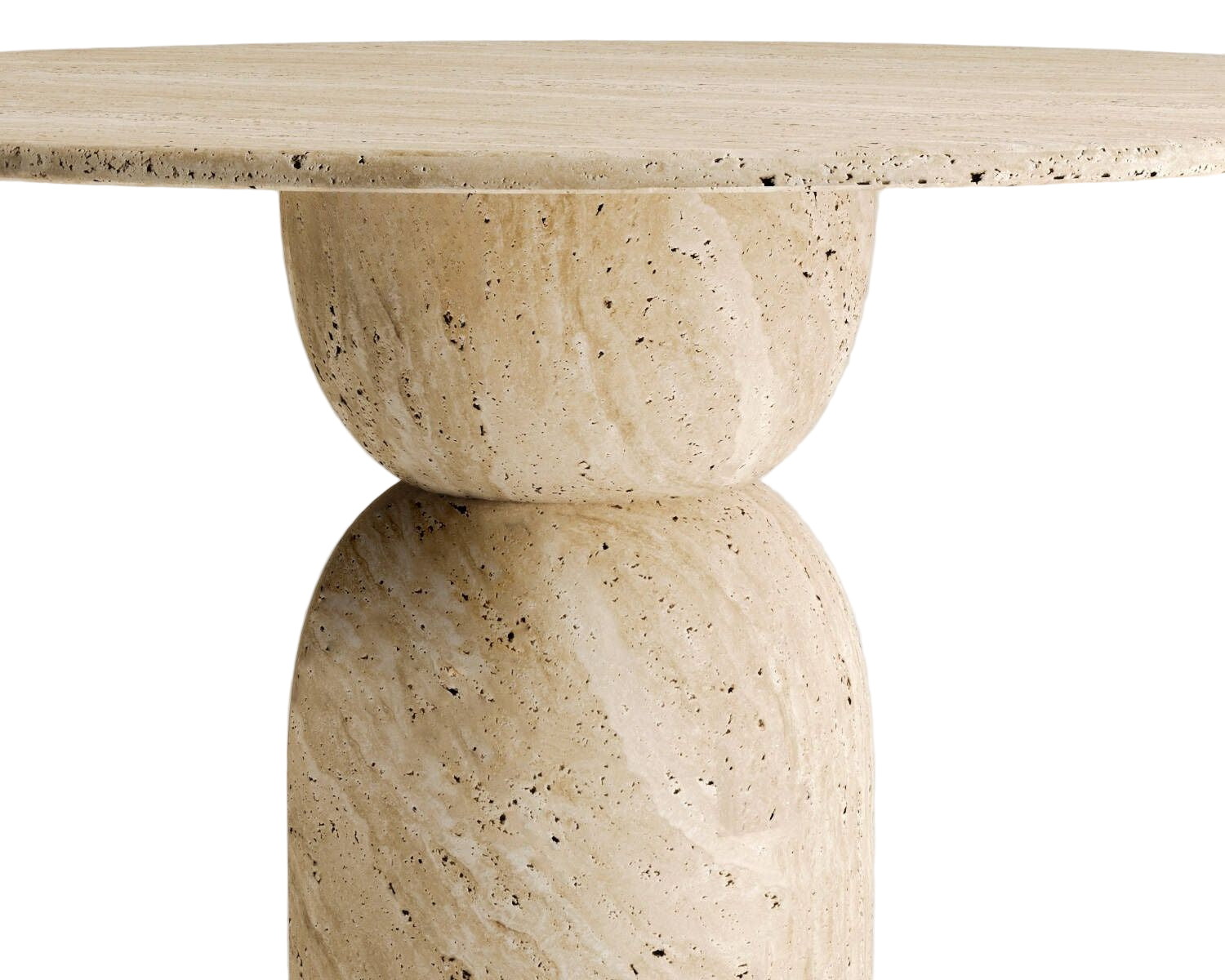 Close-up of sculptural stacked travertine base showing natural texture.