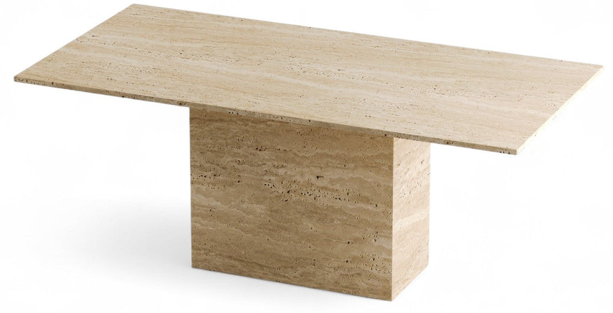 View of rectangular travertine stone table on white background. Travertine furniture, stone coffee table, natural stone table, rectangular table, modern furniture.