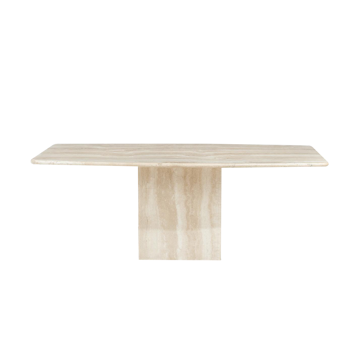 Modern Aseema Luzione travertine dining table with cube legs. Stone furniture with unique veining, ideal for contemporary dining spaces