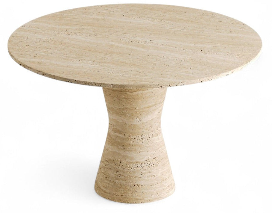 Round travertine dining table with curved pedestal base on white background.
SEO Keywords: travertine table, pedestal dining table, round table, natural stone furniture, modern dining table, beige stone table.
Product Description: A studio shot of a round travertine dining table featuring a smooth, circular top and a gracefully curved pedestal base, showcasing the natural texture and warm tones of the stone.