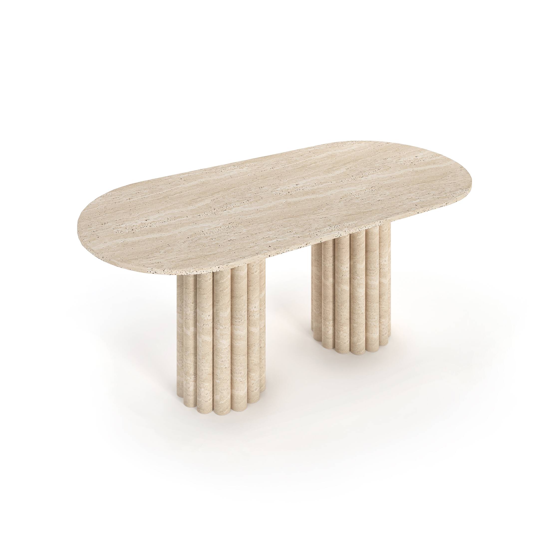 Eye-level studio shot of the Eirene Double Column Travertine Dining Table by Luzione. Features a smooth oval top and cylindrical column base.