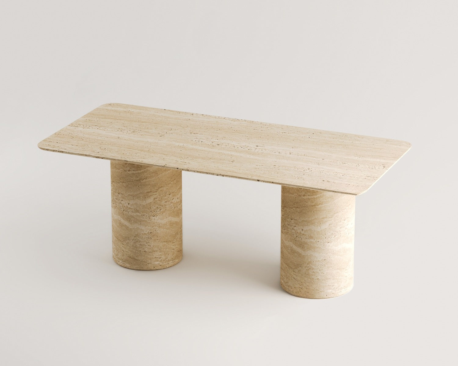 Luzione Olivine travertine dining table with dual marble legs. Modern design, natural stone patterns, luxury furniture for contemporary dining