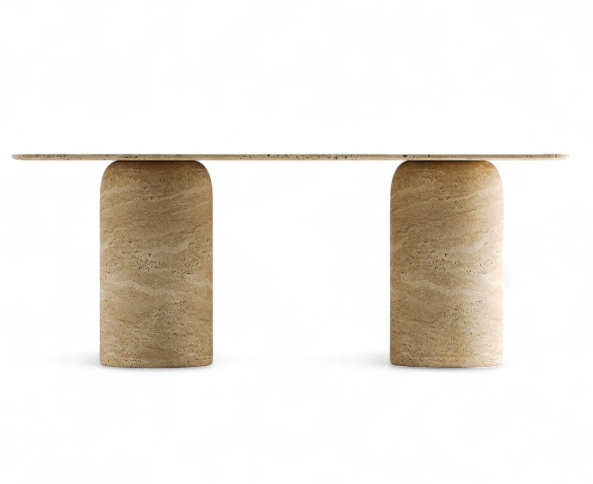 View of a long travertine dining table with two cylindrical bases on white background, travertine furniture, natural stone table, modern dining table, minimalist design, stone console table, luxury furniture, interior design, home decor, contemporary table