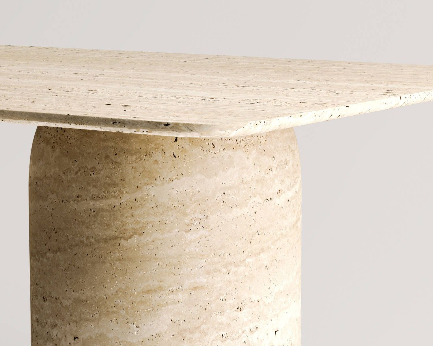 Close-up of Luzione Olivine Dual Marble Leg Travertine Dining Table showcasing natural stone texture, modern design, and luxury