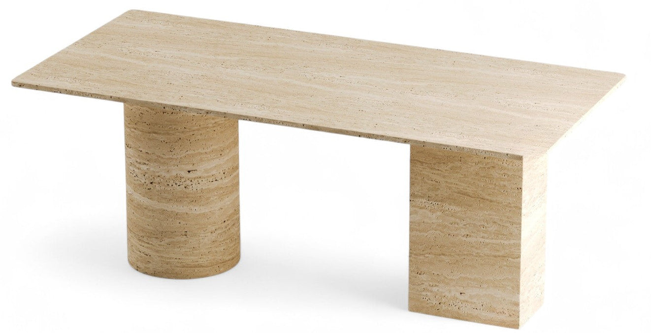 Studio shot of rectangular travertine table with cylindrical and block legs, furniture, coffee table, stone table, natural stone, modern design, interior design, home decor