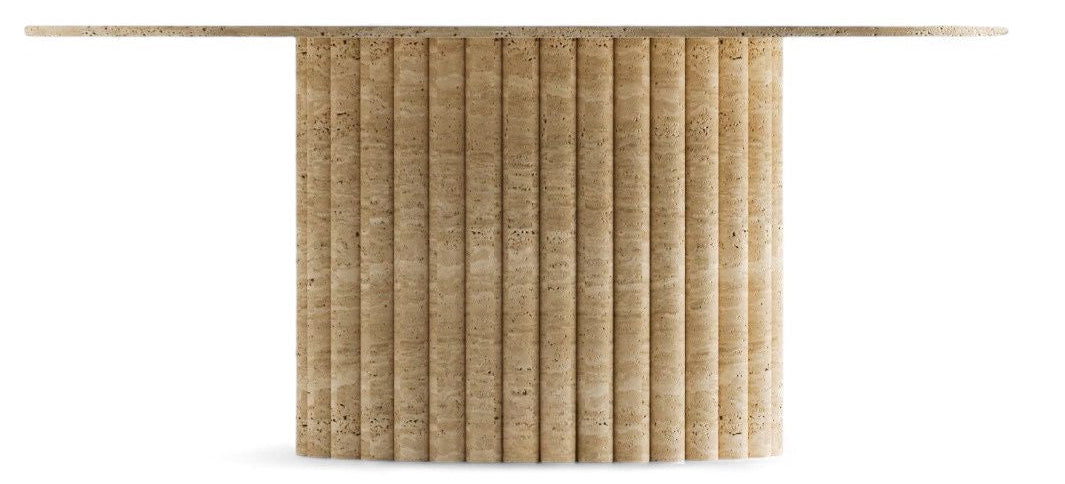 Travertine console table with fluted cylindrical base on white background