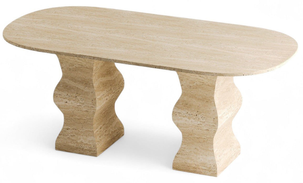 Elegant travertine dining table with wavy bases on white background.