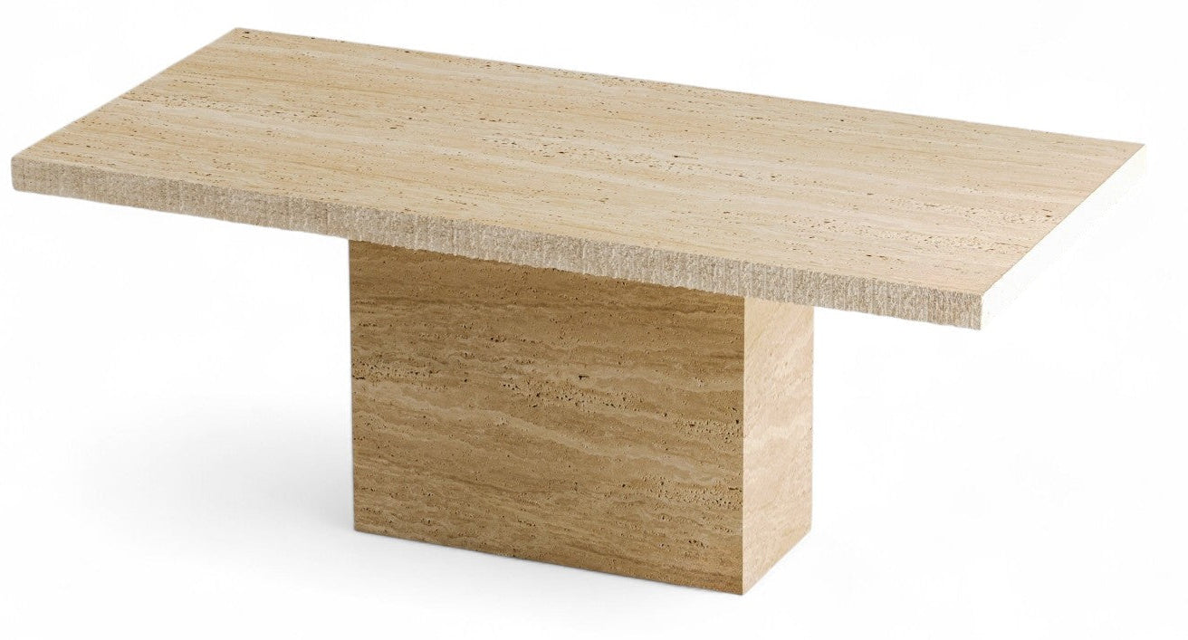Travertine stone rectangular coffee table on white background studio view, stone furniture, travertine table, coffee table, rectangular table, stone coffee table, modern furniture, interior design, home decor, living room table, natural stone table, beige stone table, minimalist furniture, contemporary table
