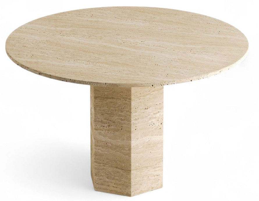 Round beige travertine table with hexagonal pedestal base