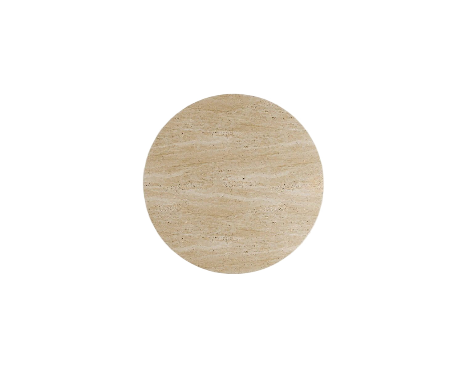 Top-down view of the Luzione Elpis travertine table. A round, beige, natural stone table perfect as a side or coffee table in modern spaces