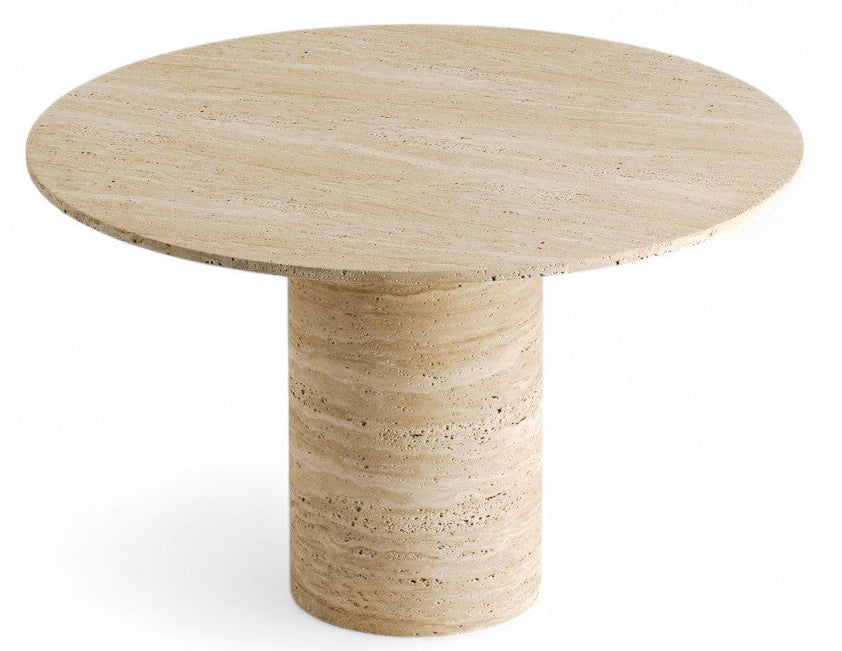Round beige travertine table with cylindrical pedestal base